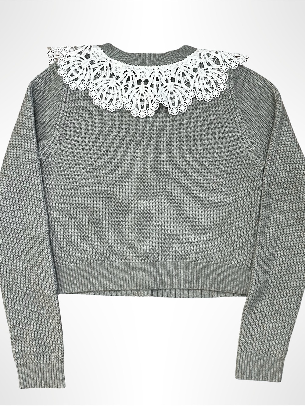 Paris Hilton Gray Cardigan with Decorative Lace Collar - Picture 4 of 5